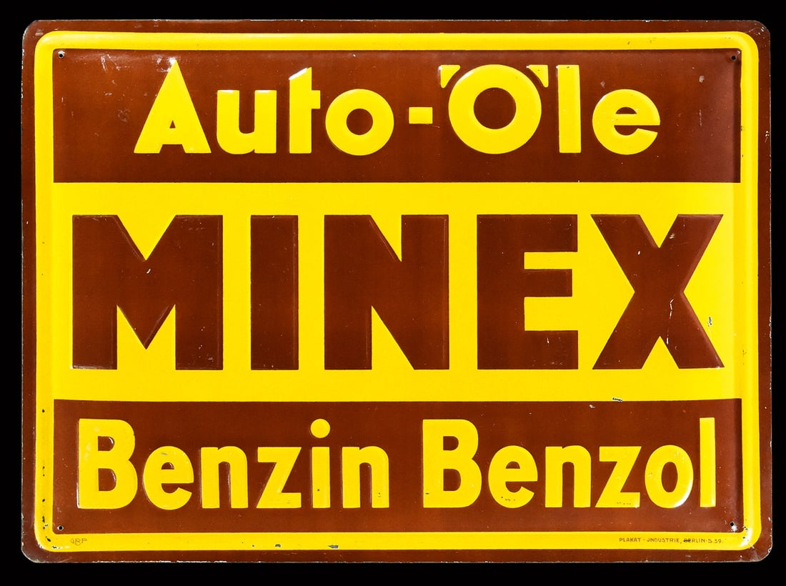 MINEX AUTO-OELE | 20" TIN SIGN: Tin sign, convex, lettering and borders embossed, GER around 1930, 50 x 37 cm, Plakat-Industrie, Berlin, S. 59, very rare, no copy is known to us in such fine preservation | We do only sell old origin