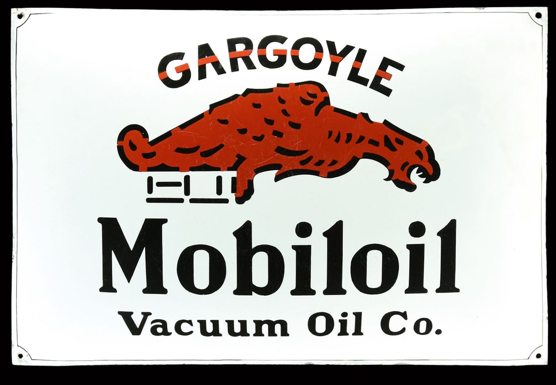 GARGOYLE MOBILOIL | 30" PORCELAIN SIGN: Porcelain sign ( Enamel sign ), convex, stenciled, around 1920, 76 x 52 cm, an ancient piece, the iron hammered by hand, some fine scratches, light traces of aging, impressive in this size | We do onl