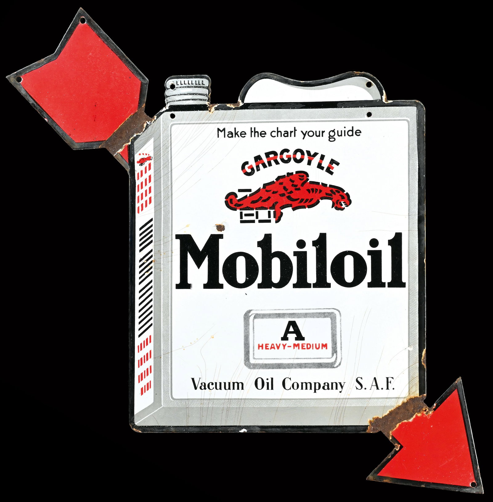 GARGOYLE MOBILOIL VACUUM OIL COMPANY | RARE 25" PORCELAIN SIGN | DOUBLE SIDED HANGER: Porcelain sign ( Enamel sign ) as double-sided flange, stenciled and lithographed, 1930s, 57 x 63 cm, very rare piece with "cut-out" OIL CAN, small damages, perfect gloss and colors | We do only sell 