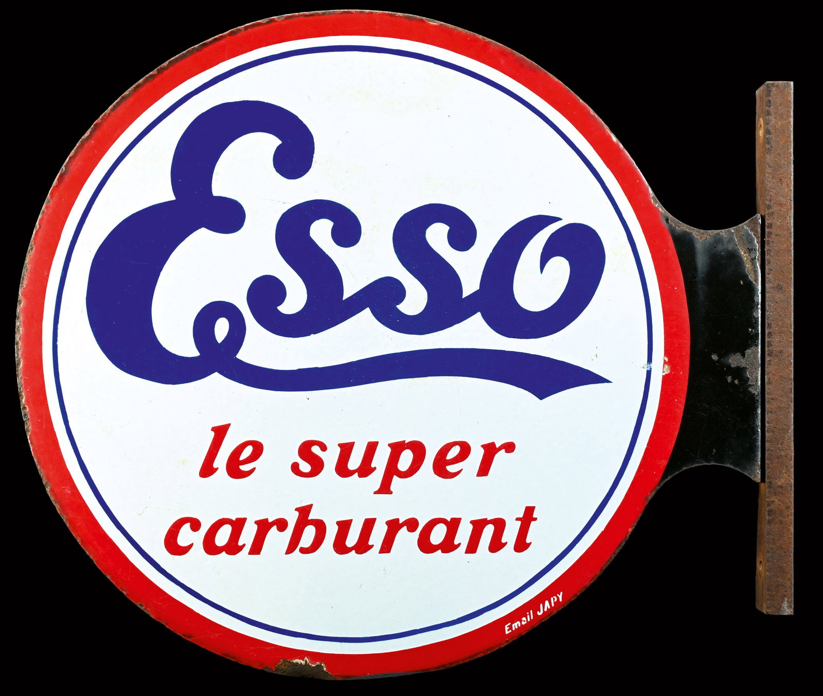 ESSO | 21" PORCELAIN SIGN | RARE DOUBLE SIDED FLANGE: Porcelain sign ( Enamel sign ) as double-sided flange, stenciled, F around 1930, 54 x 50 cm, Email Japy, very glossy, rare | We do only sell old original pieces - no reproductions or fakes. We pack in