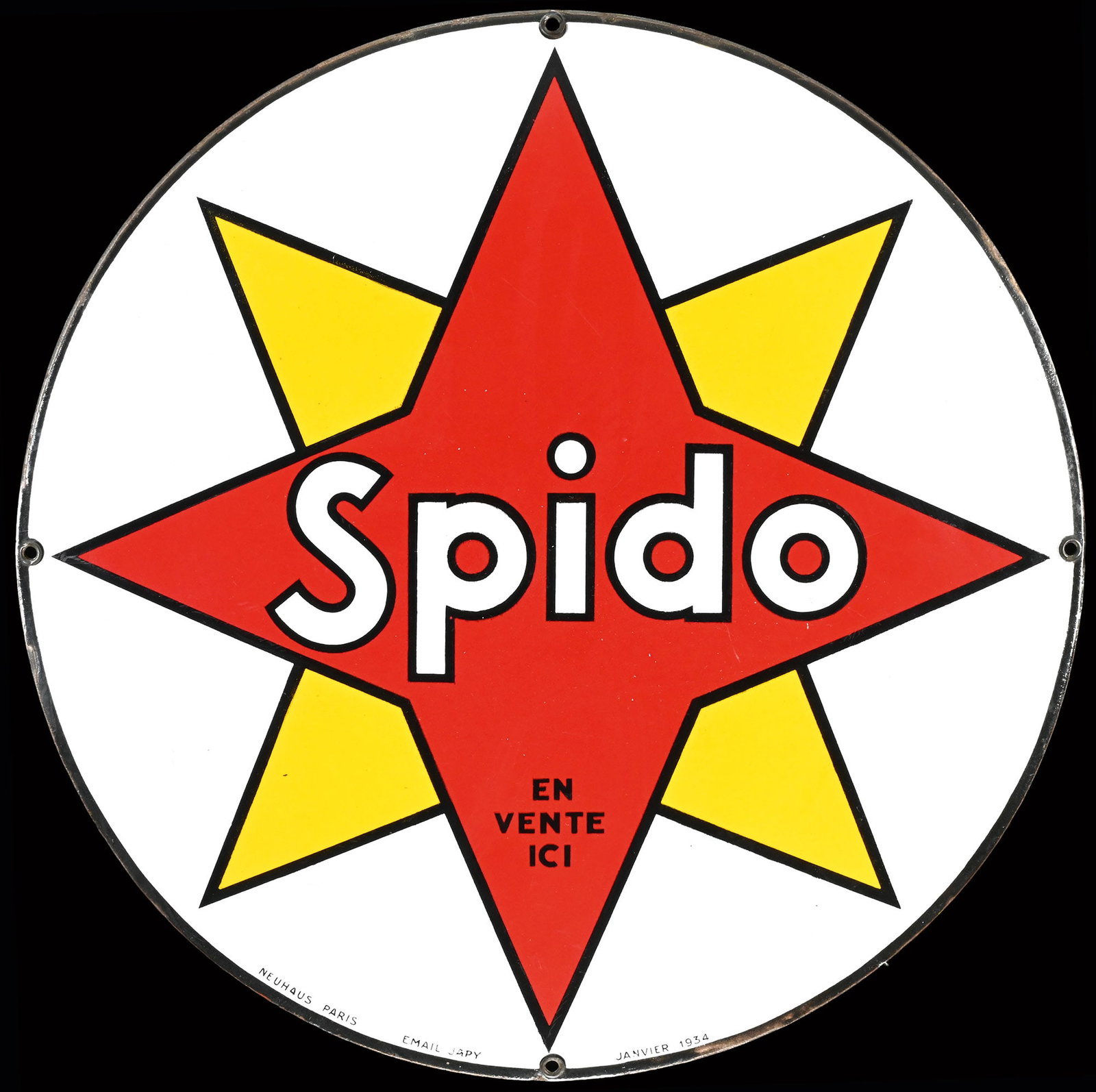 SPIDO | 19" PORCELAIN SIGN | SUPERB CONDITION: Porcelain sign ( Enamel sign ), convex, stenciled, F January 1934, diam. 48 cm, Neuhaus Paris, Email Japy | We do only sell old original pieces - no reproductions or fakes. We pack in house, most item