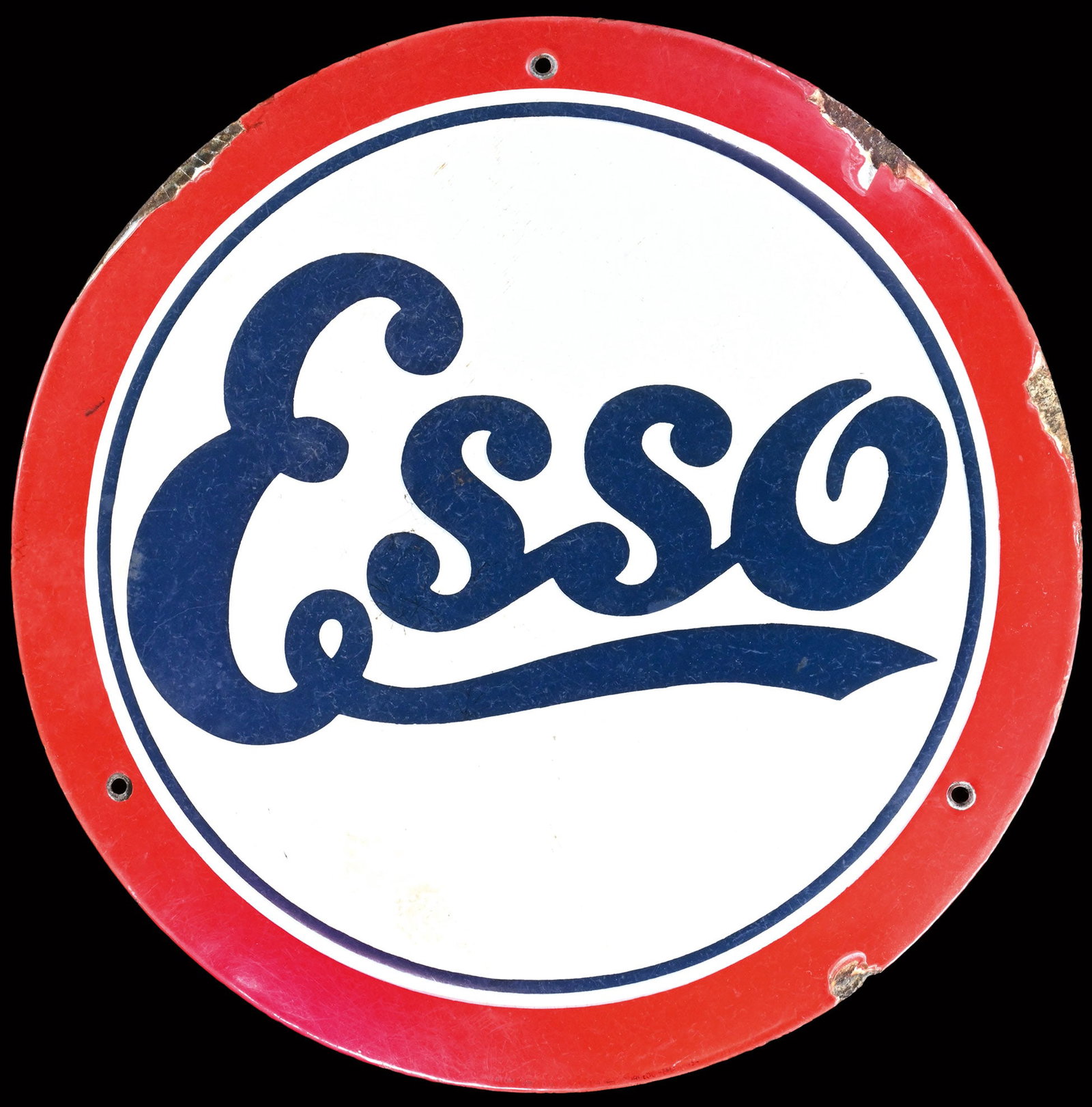 ESSO | 16" PORCELAIN SIGN: Porcelain sign ( Enamel sign ), convex, stenciled, dated April 1934, diam. 40 cm, Torpedo-Email, traces of aging and usage | We do only sell old original pieces - no reproductions or fakes. We pack in