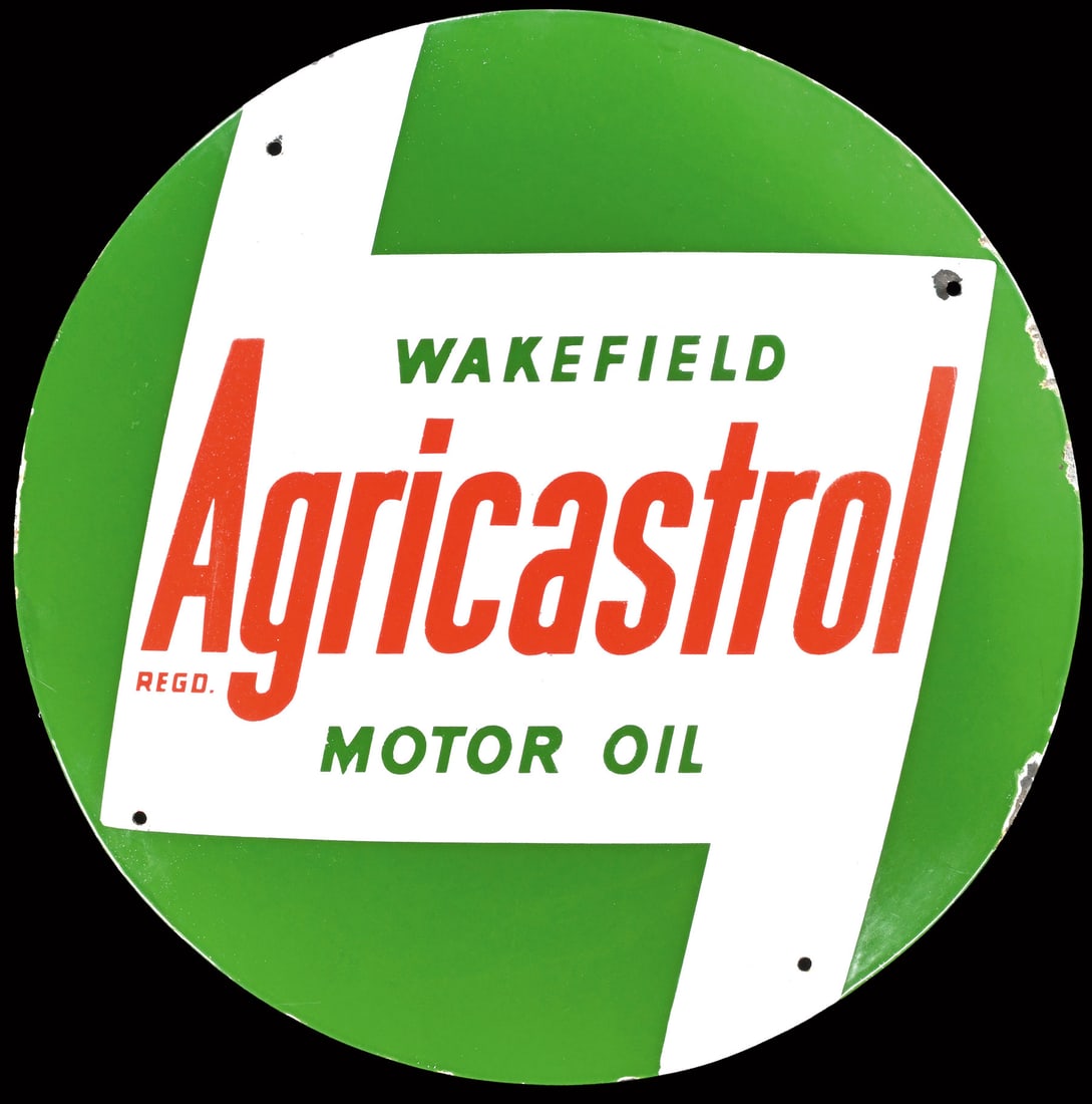 AGRICASTROL | 20" PORCELAIN SIGN: Porcelain sign ( Enamel sign ), convex, stenciled, around 1960, diam. 50 cm, engine oil for tractors of all brands | We do only sell old original pieces - no reproductions or fakes. We pack in house, 