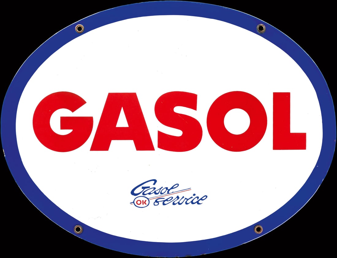 OK GASOL SERVICE | 18" PORCELAIN SIGN | SUPERB CONDITION: Porcelain sign ( Enamel sign ), stenciled, USA around 1950, 45 x 34 cm | We do only sell old original pieces - no reproductions or fakes. We pack in house, most items can be shipped overseas. Wooden c