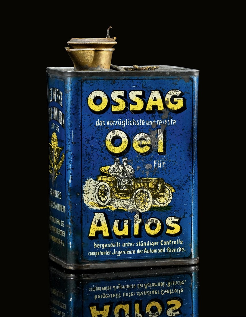 OSSAG OEL | OIL CAN: Oil can, tin, filling capacity 1 l, GER around 1915, H 17 cm, an early OIL CAN; at the time, it was already being advertised with a recommendation from the ADAC, still with its original screw cap | We