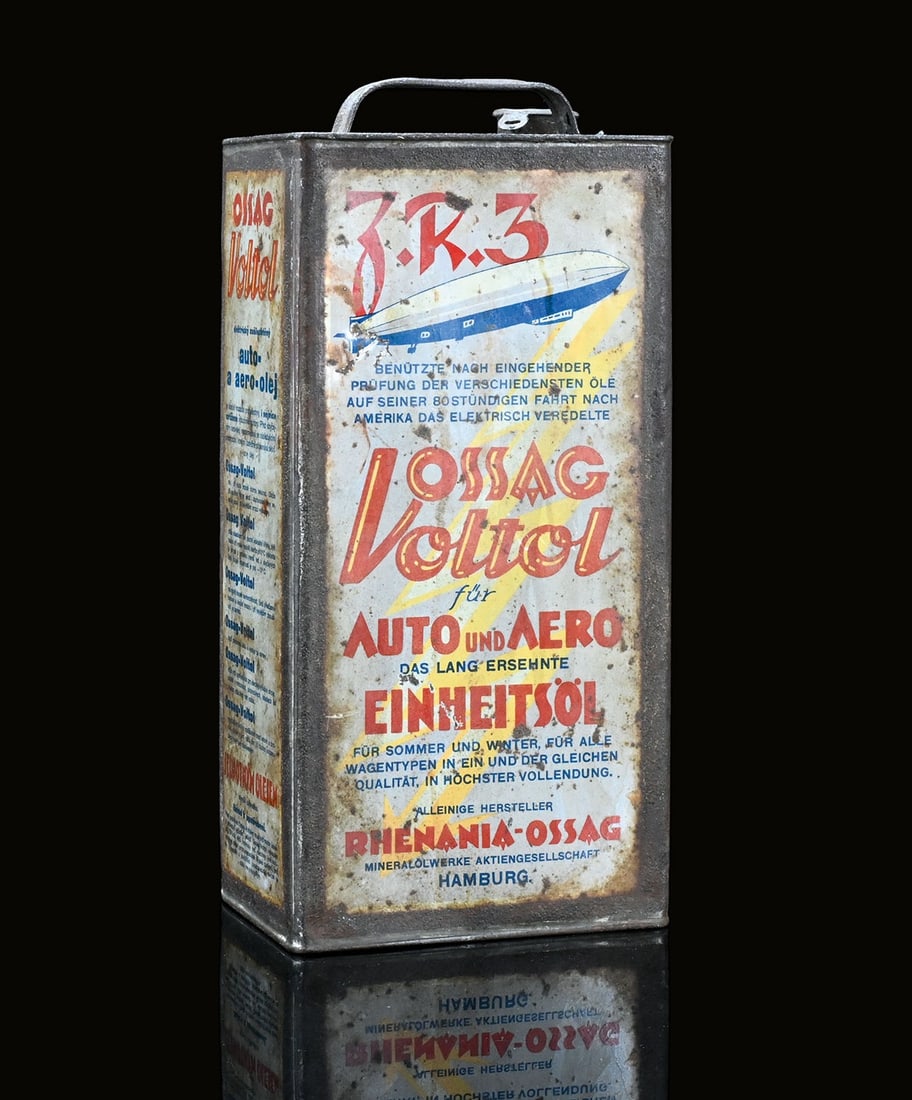 OSSAG VOLTOL ZR3 | RARE OIL CAN: Oil can, tin, filling capacity 5 l, GER/AT/CZ around 1930, H 33 cm, an extremely rare can that is very sought after with airship depiction, the oil was advertised for cars and aircrafts | We do only s
