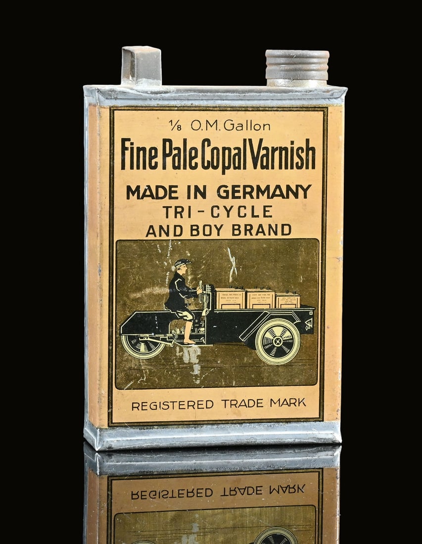 FINE PALE COPAL VARNISH | OIL CAN: Oil can, tin, filling capacity 1/8 gallon, USA/GER around 1925, H 17cm, Union Blechwarenfabrik Braunschweig, beautiful depiction of the boy on tricycle | We do only sell old original pieces - no repro