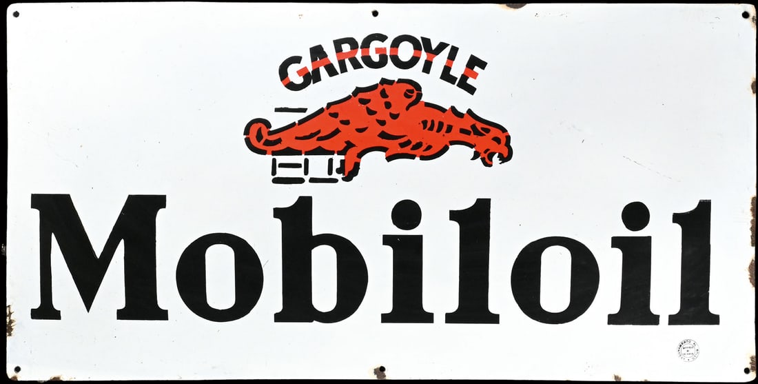 GARGOYLE MOBILOIL | RARE 39" PORCELAIN SIGN: Porcelain sign ( Enamel sign ), convex, stenciled, IT around 1930, 100 x 50 cm, big format, high gloss, very rare | We do only sell old original pieces - no reproductions or fakes. We pack in house, m