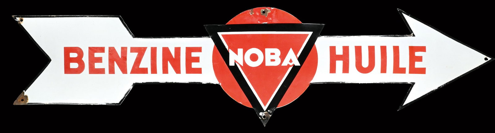 NOBA BENZINE HUILE | 51" PORCELAIN SIGN: Porcelain sign ( Enamel sign ), convex, stenciled, CH around 1930, 130 x 24 cm, some time ago we were able to offer the "Noba" arrow pointing to the left, here is the counterpart. Above the emblem wit