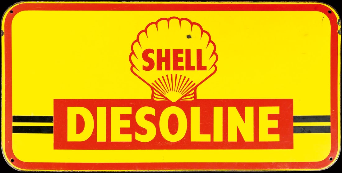 SHELL DIESOLINE | 41" PORCELAIN SIGN: Porcelain sign ( Enamel sign ), stenciled, BE 1953, 105 x 52 cm, S.A. Email, Koekelberg, rare version, some light traces of aging | We do only sell old original pieces - no reproductions or fakes. We 