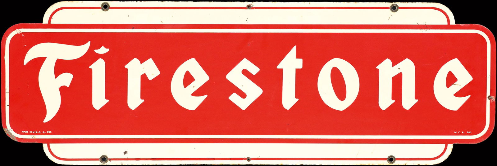 FIRESTONE | 48" TIN SIGN: Tin sign, USA August 1960, 122 x 40 cm, M.C.A. | *Bulky-item shipping is available | We do only sell old original pieces - no reproductions or fakes. We pack in house, most items can be shipped overse