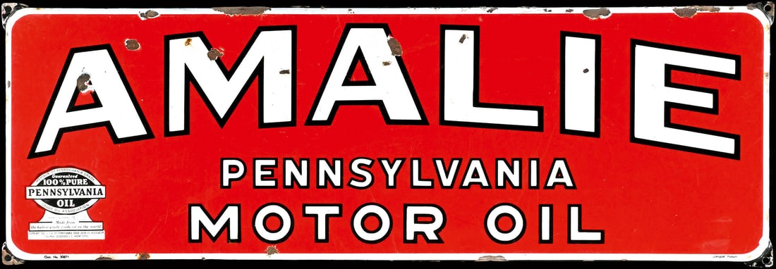 AMALIE PENNSYLVANIA MOTOR OIL | 36" PORCELAIN SIGN: Porcelain sign ( Enamel sign ), stenciled, around 1950, 92 x 31 cm, "Langcat" Bussum | *Bulky-item shipping is available | We do only sell old original pieces - no reproductions or fakes. We pack in h