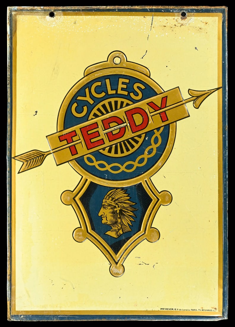TEDDY CYCLES | 27" TIN SIGN: Tin sign, embossed, F around 1930, 48 x 68 cm, Imp. Revon, Paris, with a beautiful depiction of a Native American | We do only sell old original pieces - no reproductions or fakes. We pack in house, m