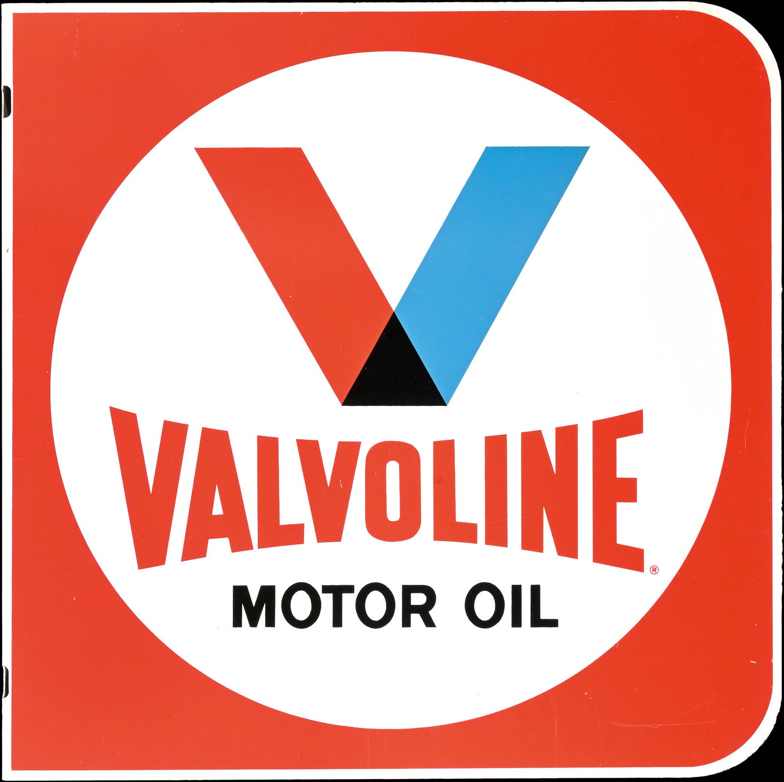 VALVOLINE MOTOR OIL | 15" TIN SIGN | DOUBLE SIDED FLANGE | SUPERB CONDITION: Tin sign as double-sided flange, USA around 1960, 38 x 38 cm, marked: Printed in U.S.A. | We do only sell old original pieces - no reproductions or fakes. We pack in house, most items can be shipped o