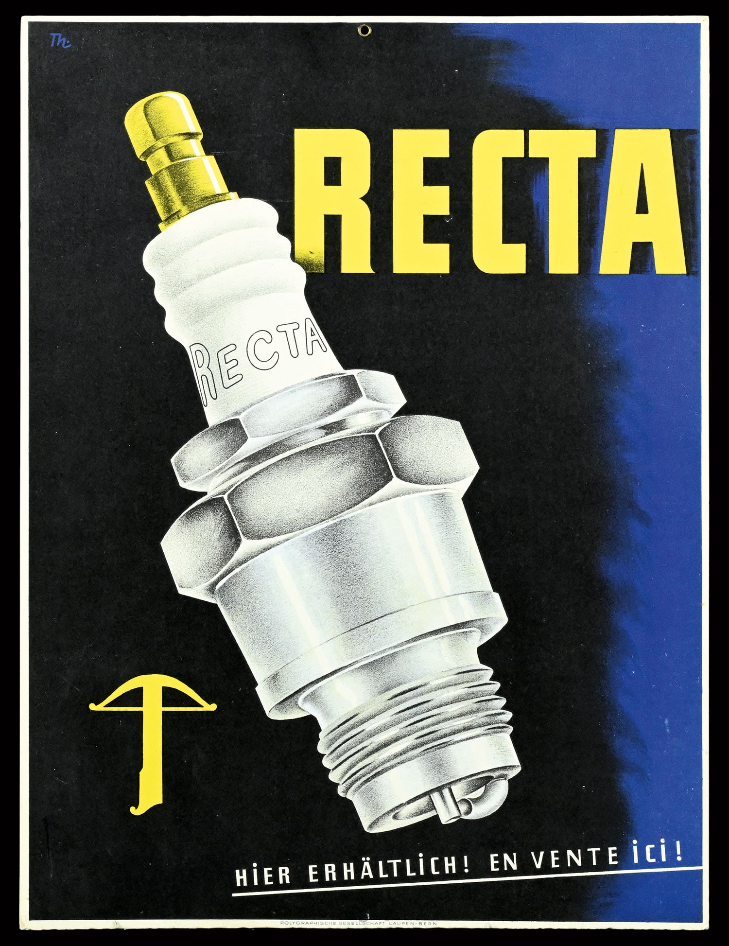 RECTA | 16" Cardboard Sign: Advertising cardboard, lithographed, CH 1930s, 30 x 40 cm, Polygraphische Gesellschaft Laupen-Bern, monogrammed: TH | We do only sell old original pieces - no reproductions or fakes. We pack in house,