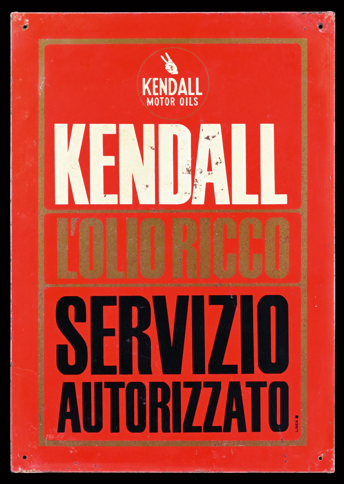 KENDALL MOTOR OILS | 20" TIN SIGN: Tin sign, IT around 1960, 35 x 50 cm, Linea | We do only sell old original pieces - no reproductions or fakes. We pack in house, most items can be shipped overseas. Wooden crates are available. For fu