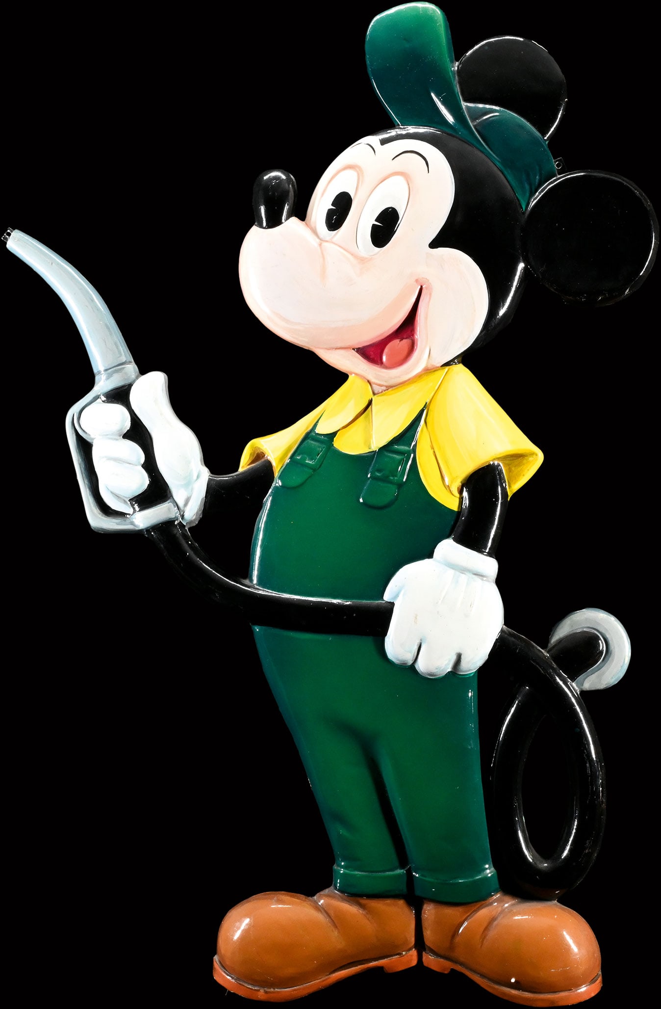 MICKEY MOUSE | 42" ADVERTISING RELIEF: Big advertising display in relief, plastic, IT around 1960, H 107 cm, one of only few known original examples of the Mickey Mouse as licensed gas station attendant, wonderful original condition, even 