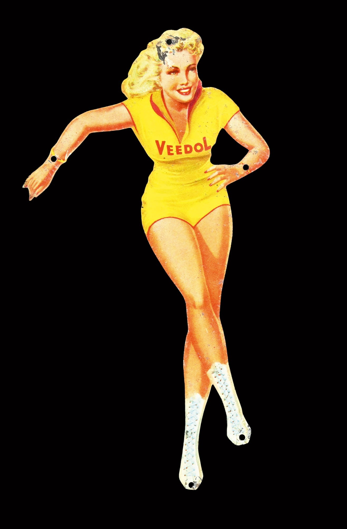 SMALL VEEDOL | 6" PIN UP: Small Summer Skater, tin, GER 1951, 8,5 x 15,5 cm | We do only sell old original pieces - no reproductions or fakes. We pack in house, most items can be shipped overseas. Wooden crates are available. 