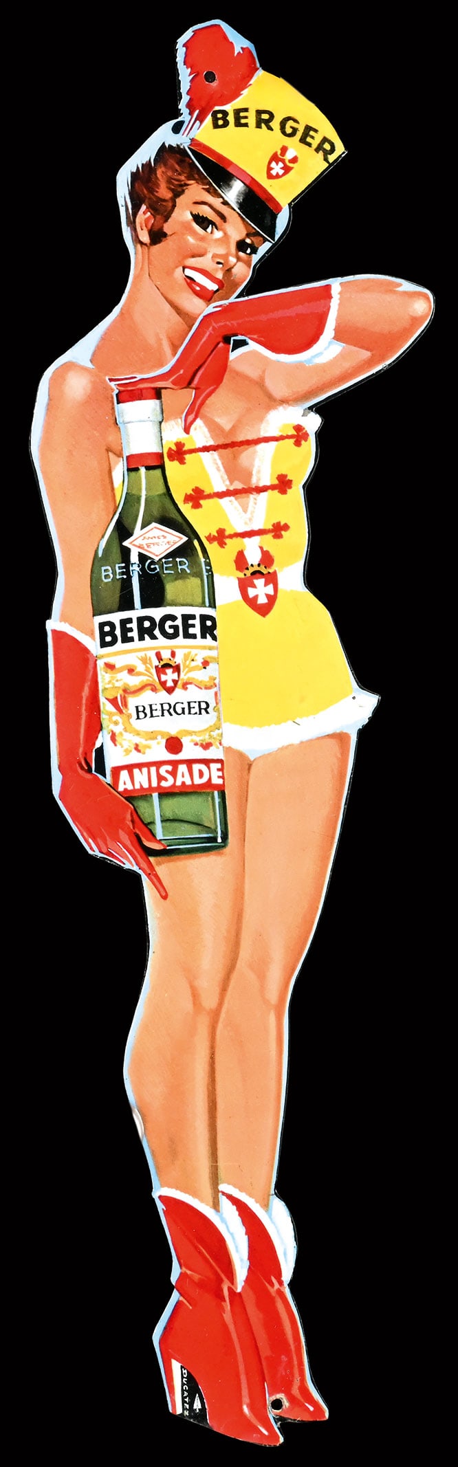 BERGER | 18" PIN UP: Pin Up, tin, F 1950s, 14,5 x 49 cm, print: Bindschedler, signed: Ducatez | We do only sell old original pieces - no reproductions or fakes. We pack in house, most items can be shipped overseas. Wooden