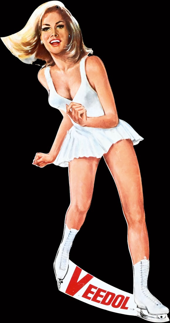 VEEDOL | 18" PIN UP | TOP CONDITION: Veedol Skater, tin, GER 1970, 17 x 46 cm, Bindschedler, the most beautiful pin-up of the Veedol series, rare to find in this condition | We do only sell old original pieces - no reproductions or fakes