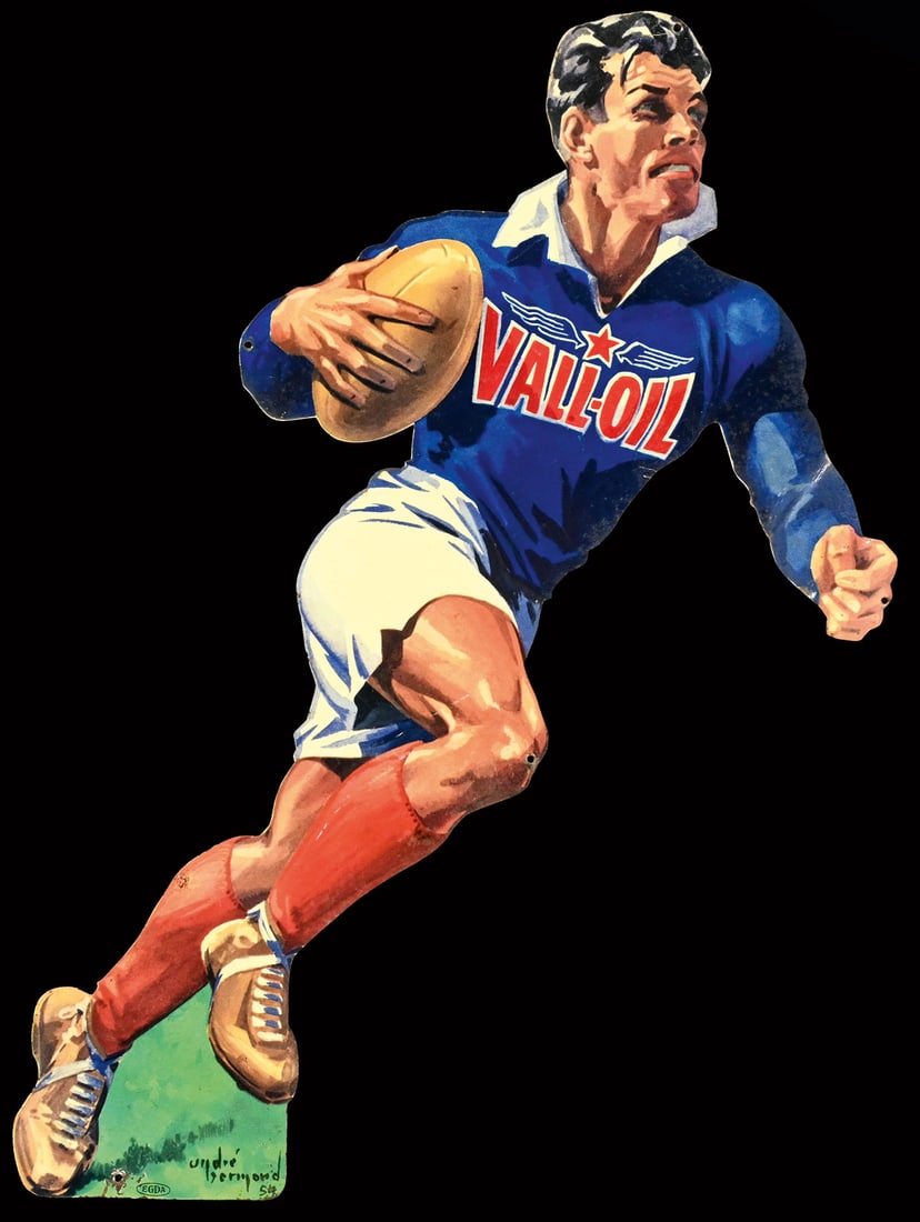 VALL-OIL | 18" PIN UP: Rugby Player, tin, F 1954, 24 x 45 cm, EGDA, signed: Andre Bermond | We do only sell old original pieces - no reproductions or fakes. We pack in house, most items can be shipped overseas. Wooden crate