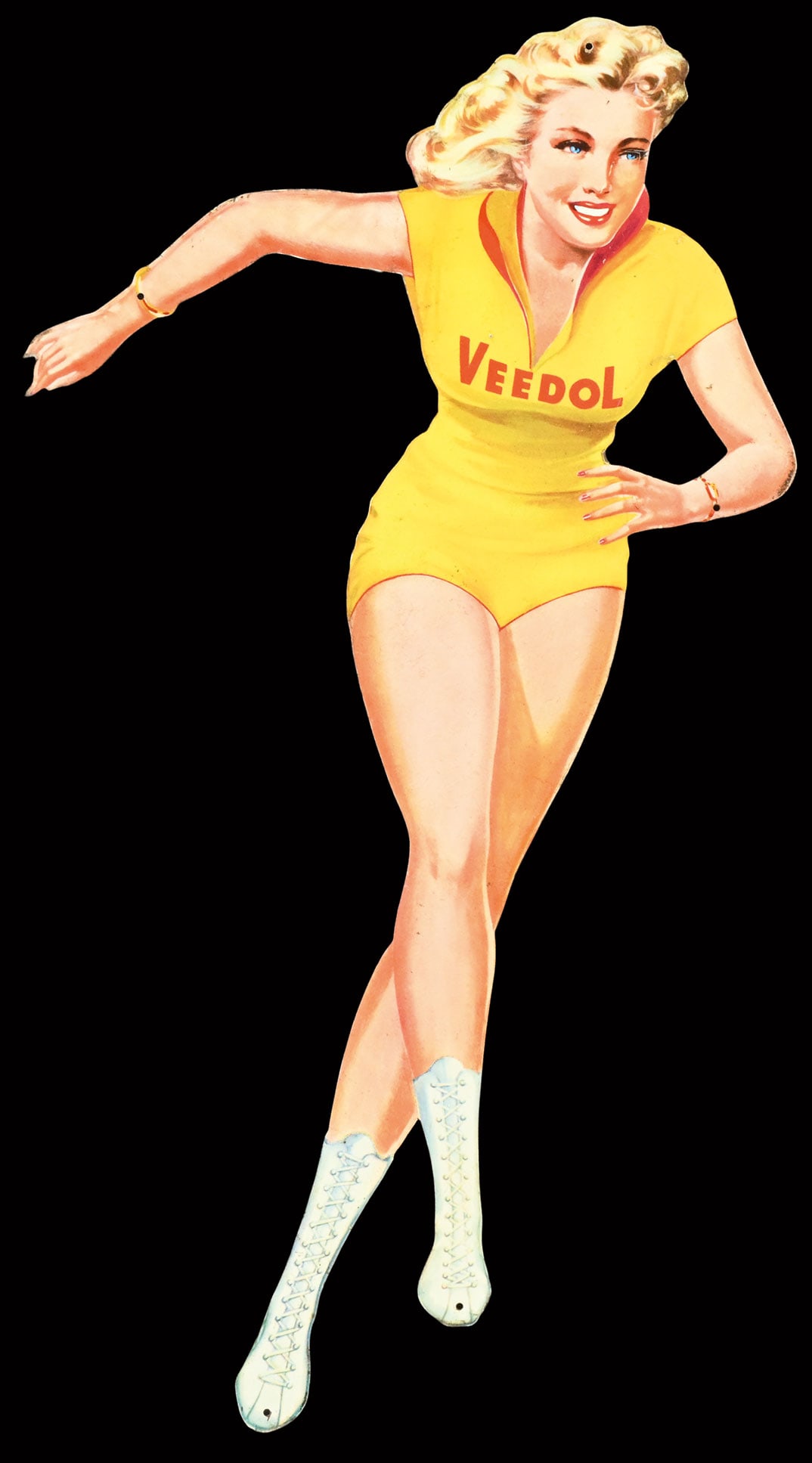 VEEDOL | 18" PIN UP: Tin, GER 1951, 22 x 45 cm, one arm with bend marks, the rest is really well preserved | We do only sell old original pieces - no reproductions or fakes. We pack in house, most items can be shipped ove