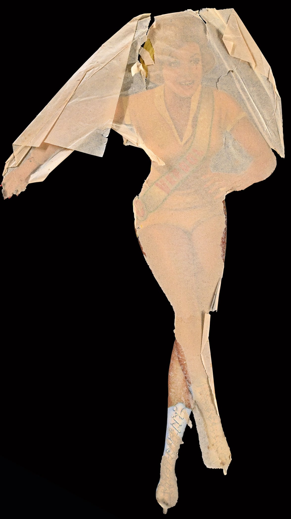 VEEDOL | 17" PIN UP: Veedol Ice Skater with sash, tin, GER 1950s, 24 x 44 cm, NOS, still in the old protection paper, absolutely untouched | We do only sell old original pieces - no reproductions or fakes. We pack in hous