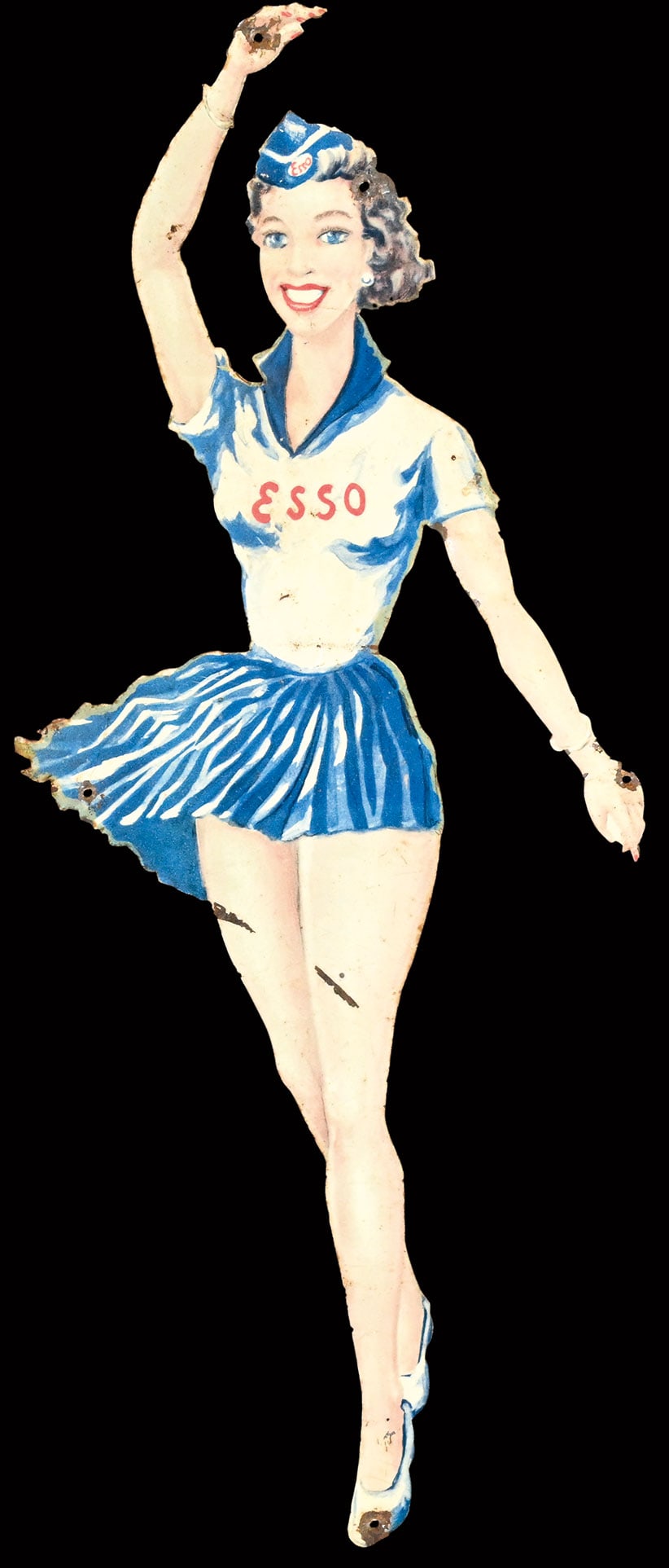 ESSO | 17" PIN UP | SUPER RARE: Tin, DEN 1950s, 18 x 44 cm, somewhat lived but yet a real rarity! | We do only sell old original pieces - no reproductions or fakes. We pack in house, most items can be shipped overseas. Wooden crates