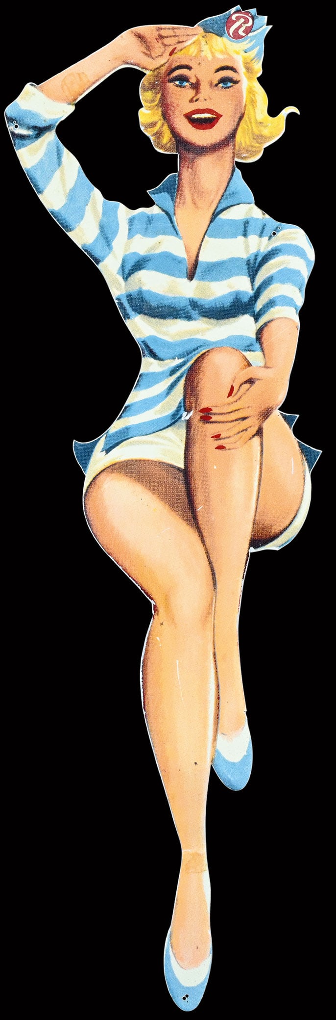 RAPID | 17" PIN UP | RARE: Aluminum tin, SWE 1960s, 13,5 x 44 cm, very rare version of the sailors girl without company lettering, you can also spot a small difference in the printing when you compare it with the other version 