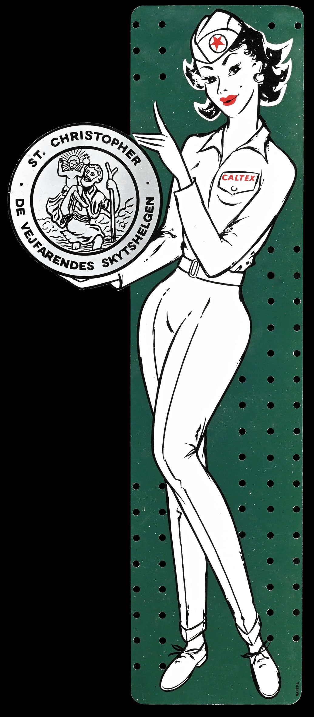 RARE CALTEX | 16" PIN UP | SUPERB CONDITION: Tin, DK around 1960, 17,5 x 40 cm, marked: Nancke, the best specimen of this rare pin-up we know, often corroded, but here it looks as if it has never been exposed to the elements | We do only sell ol