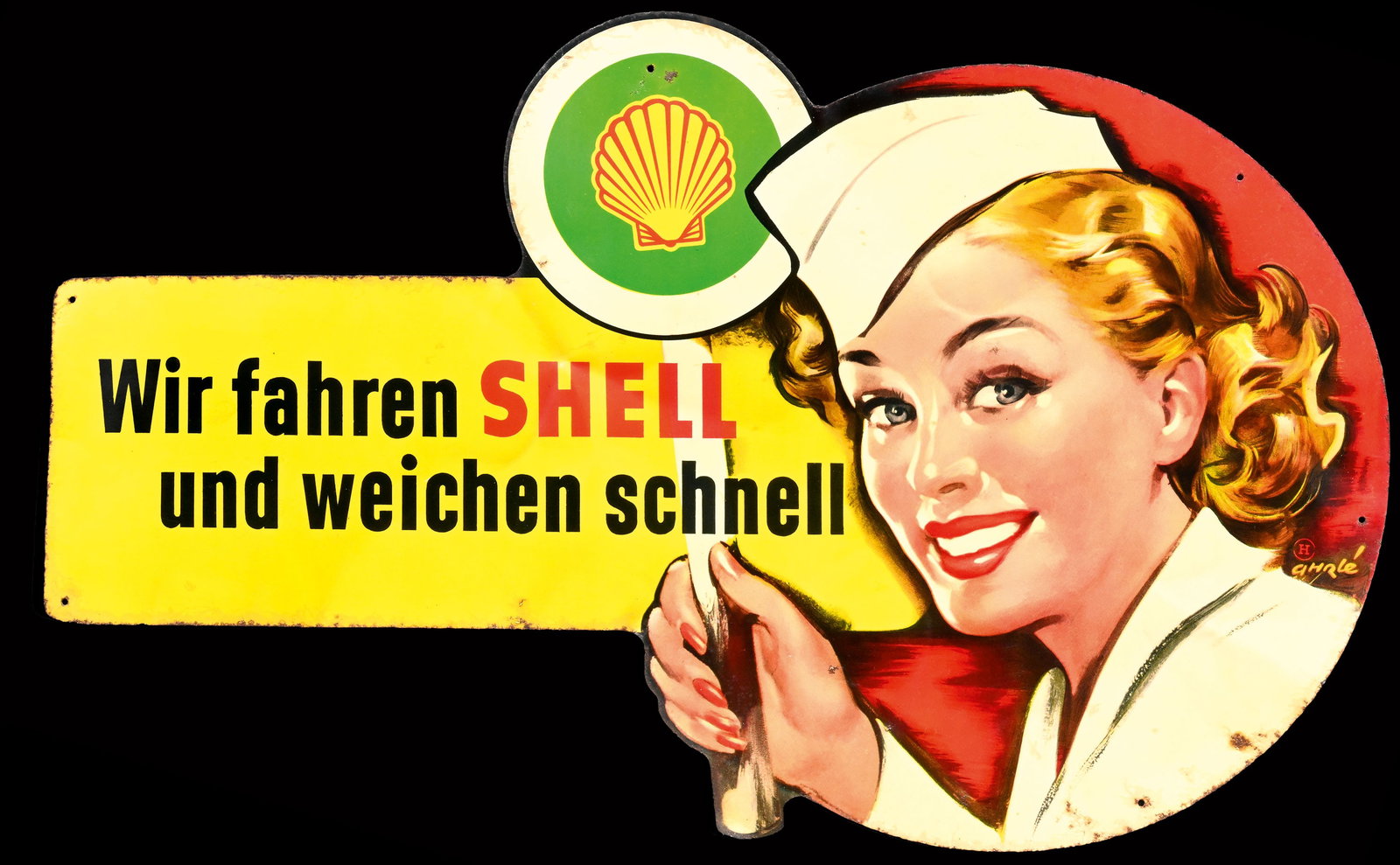 SHELL PIN UP SIGN | 24" TIN SIGN: Shell gas station attendant, tin, lithographed, GER 1950s, 61 x 38 cm, signed: Ahrle, some dents, good colors | We do only sell old original pieces - no reproductions or fakes. We pack in house, most 