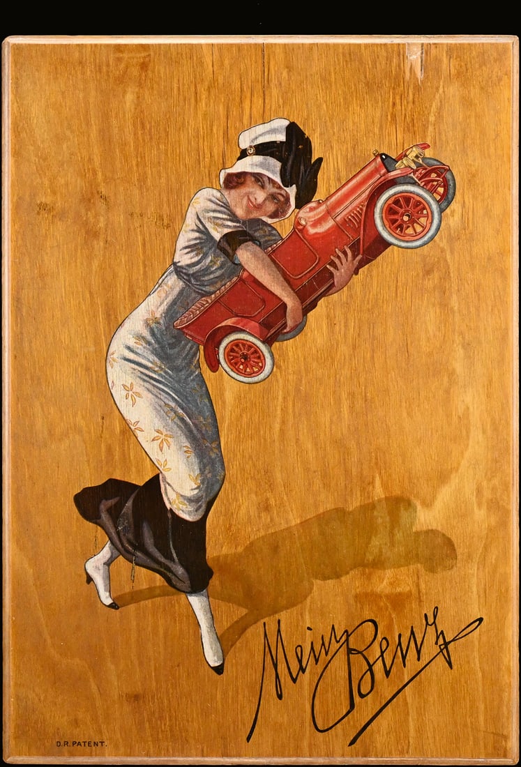 MEIN BENZ | RARE 18" ADVERTISING SIGN: Advertising sign, lithograph on wood, GER around 1920, 31 x 45 cm, marked: D.R. Patent, one of the early images in German automobile advertising. With her arms wrapped around it, the dainty lady is se