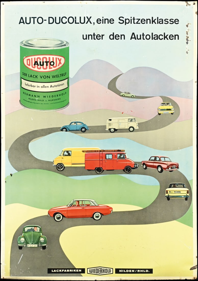 DUCOLUX | 29" TIN SIGN: Tin sign, GER around 1960, 51 x 73 cm, rarely we have held a sign in our hands that showed more classic vehicles than here | We do only sell old original pieces - no reproductions or fakes. We pack in