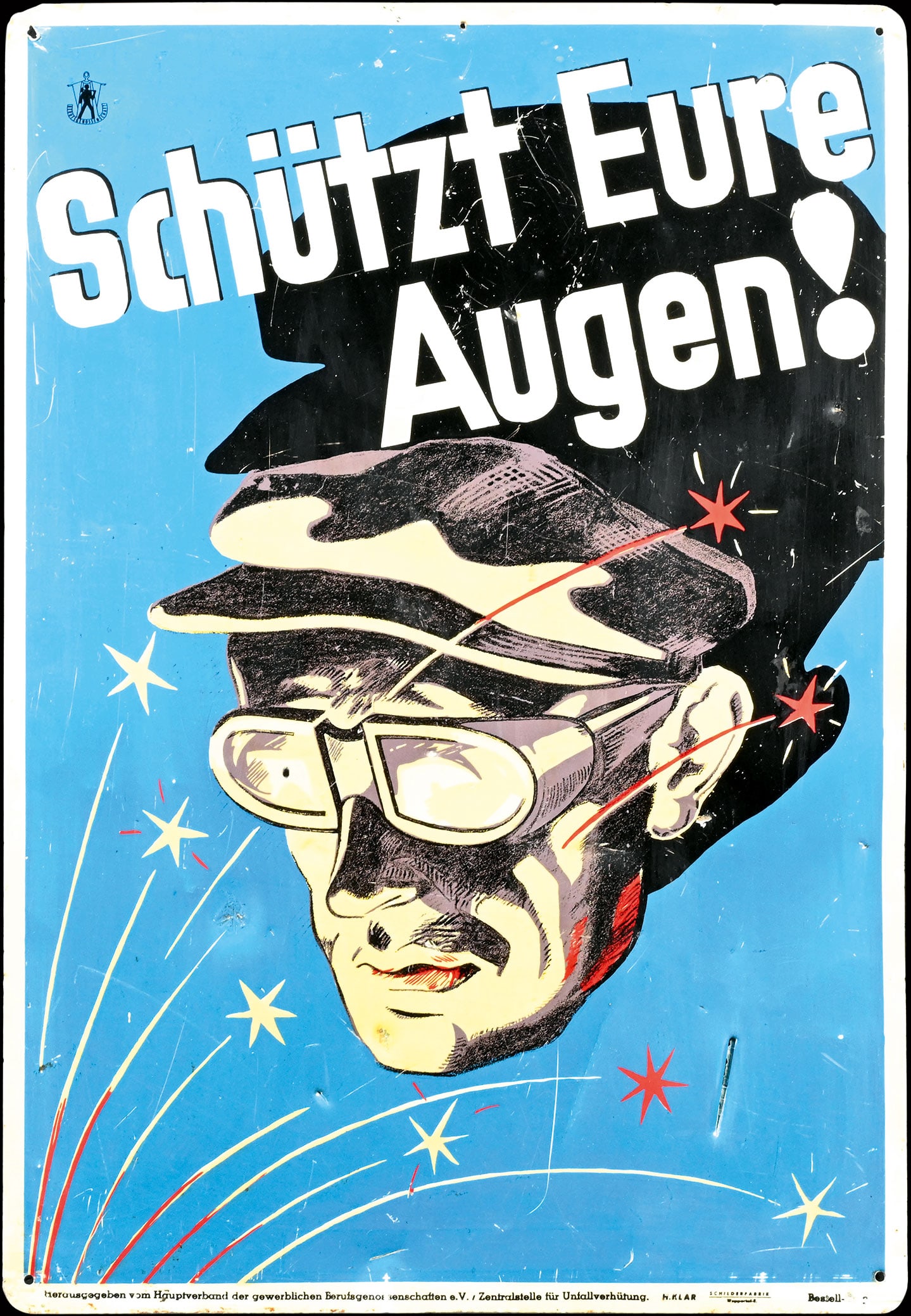 SCHUETZT EURE AUGEN! | 24" TIN SIGN: Old Tin sign for labor protection, GER 1950s, 42 x 60 cm, H. Klar, Wuppertal, small damage in the blue | We do only sell old original pieces - no reproductions or fakes. We pack in house, most items c