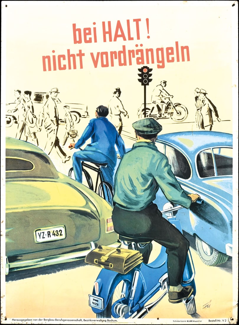 BEI "HALT" NICHT VORDRAENGELN | 24" TIN SIGN: Tin sign, lithographed, GER around 1960, 45 x 61 cm, Schilderfabrik Klar Wuppertal, a beautiful depiction of everyday life on city streets, signed illegibly, rare | We do only sell old original pieces