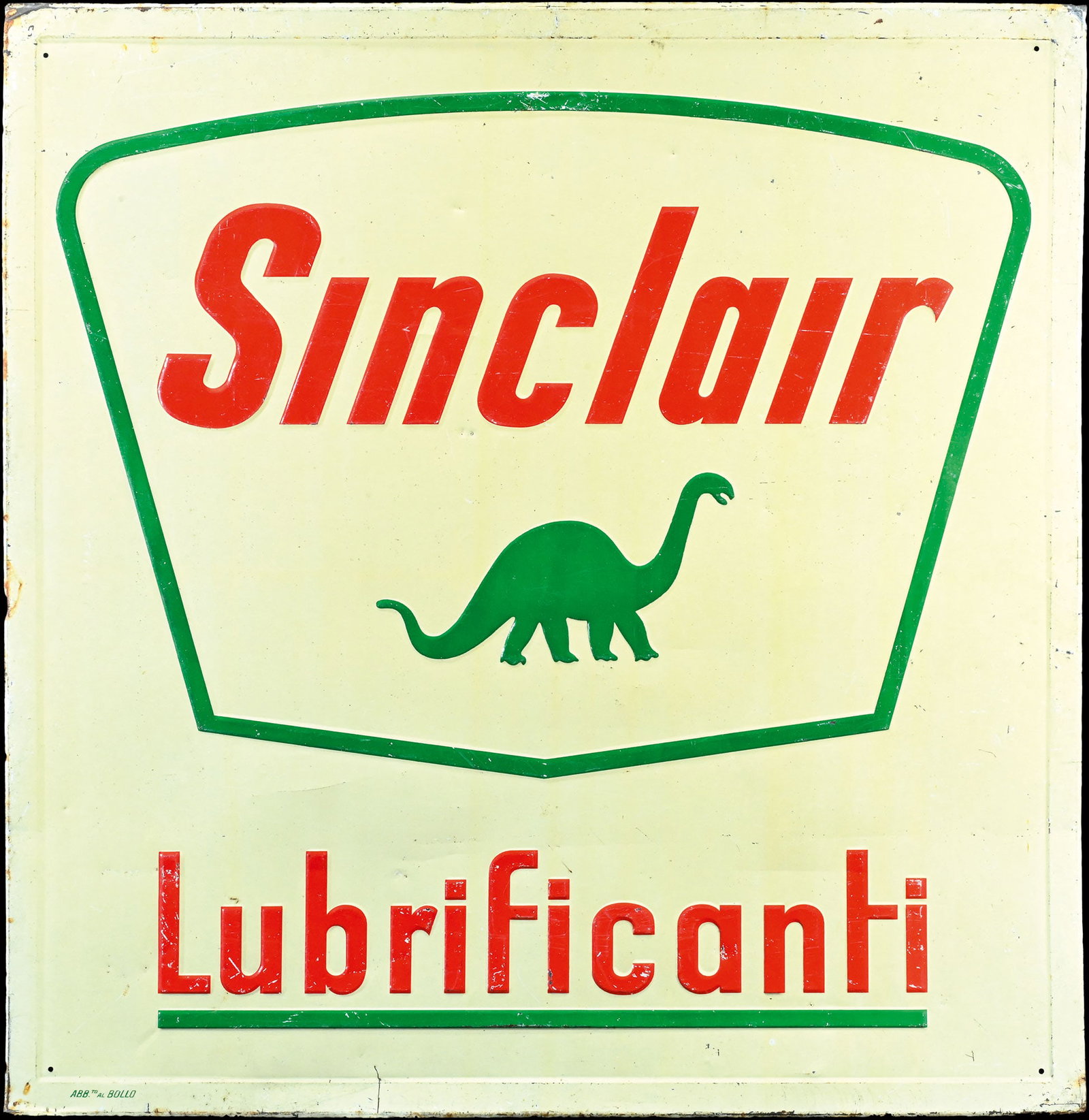 SINCLAIR | 27" TIN SIGN: Tin sign, embossed, IT 1950s, 69 x 67 cm | We do only sell old original pieces - no reproductions or fakes. We pack in house, most items can be shipped overseas. Wooden crates are available. For furth