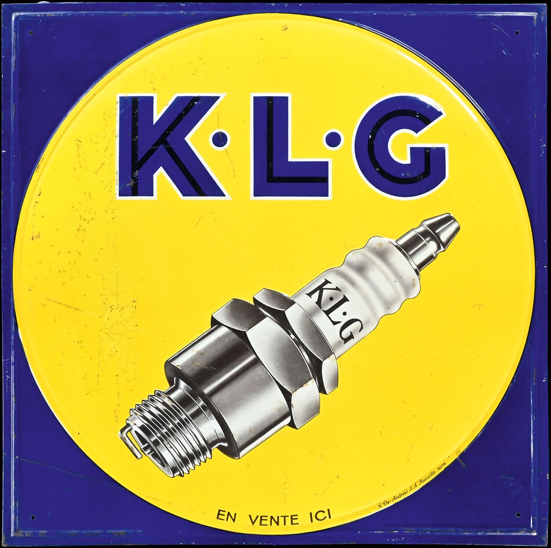 KLG | 19" TIN SIGN: Tin sign, embossed, lithographed, F 1930s, 49 x 49 cm, G. de Andreis S.A. Marseille | We do only sell old original pieces - no reproductions or fakes. We pack in house, most items can be shipped overs