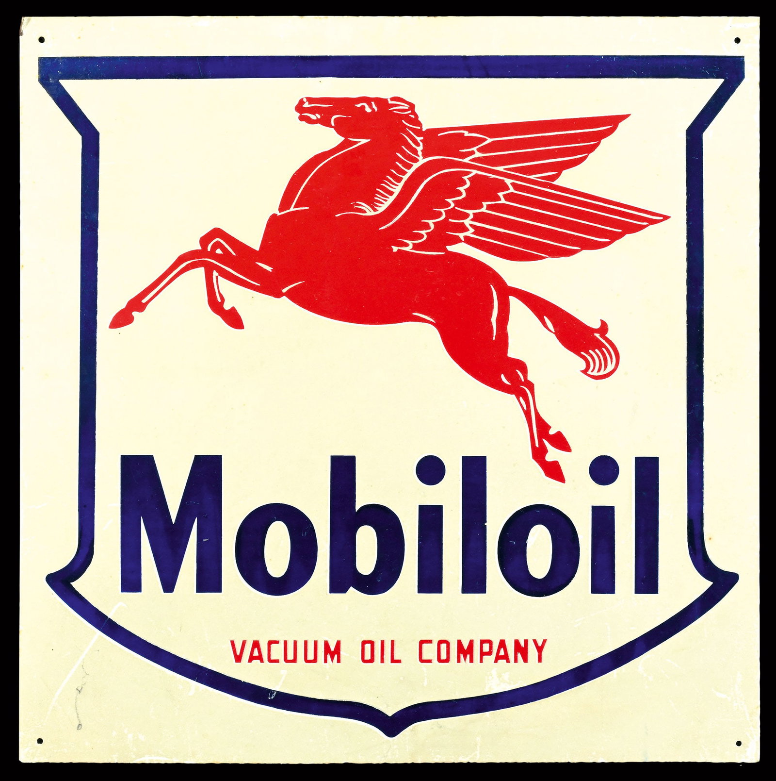 MOBILOIL VACUUM OIL COMPANY | 20" TIN SIGN: Tin sign with reflecting "perlfix"-coating, around 1950, 50 x 50 cm | We do only sell old original pieces - no reproductions or fakes. We pack in house, most items can be shipped overseas. Wooden crat