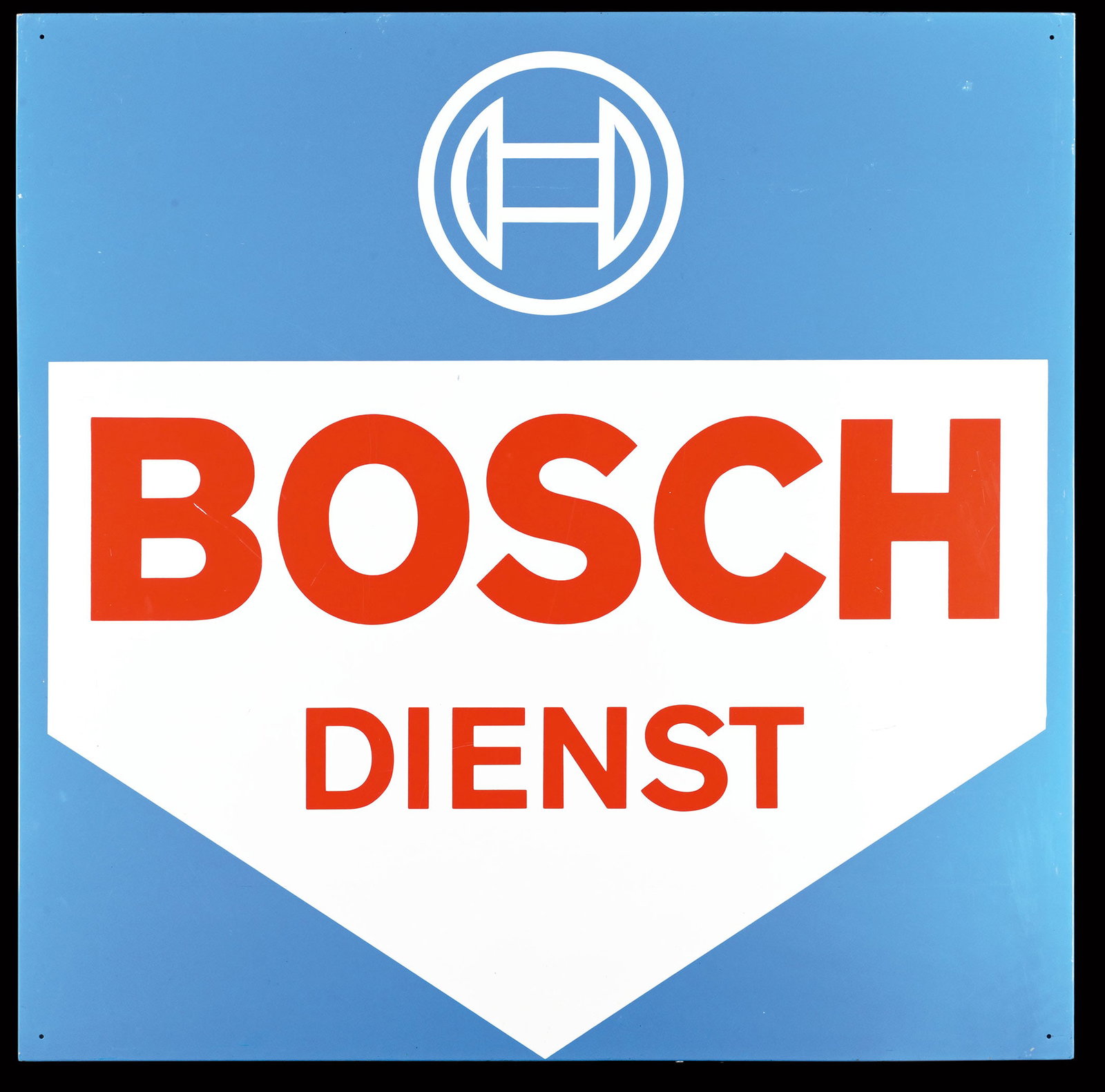 BOSCH DIENST | 35" TIN SIGN: Tin sign, GER around 1960, 90 x 90 cm | *Bulky-item shipping is available | We do only sell old original pieces - no reproductions or fakes. We pack in house, most items can be shipped overseas. Woode