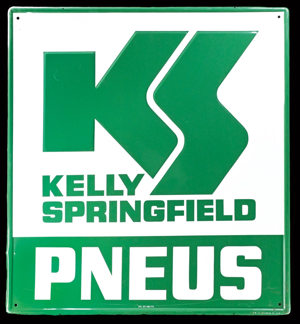 KELLY SPRINGFIELD PNEUS | 35" TIN SIGN: Tin sign, embossed, 1960/70s, 84 x 90 cm | *Bulky-item shipping is available | We do only sell old original pieces - no reproductions or fakes. We pack in house, most items can be shipped overseas. Wo