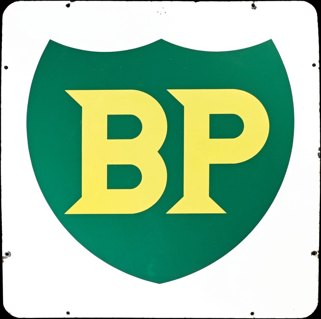 BP | 39" PORCELAIN SIGN: Porcelain sign ( Enamel sign ), stenciled, around 1960, 97 x 100 cm, big format, very glossy and with fresh colors | *Bulky-item shipping is available | We do only sell old original pieces - no reprod