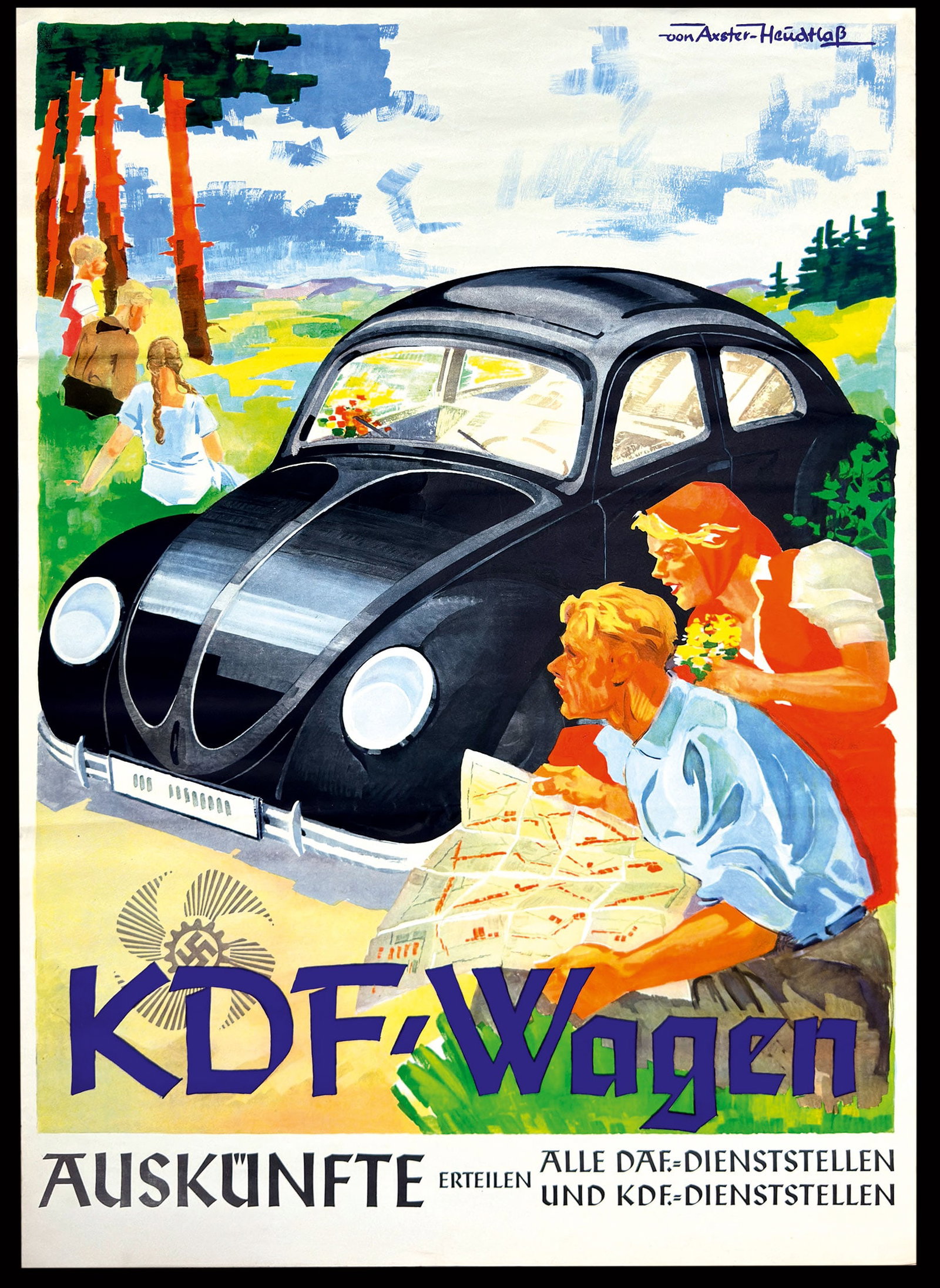 KDF-WAGEN | VERY RARE 33" POSTER: POSTER, offset print, GER 1938, 59 x 83,5 cm, signed: Werner von Axter-Heudtlass (1898-1949), no tears or missing paper, only a bit wavy from rolling/folding | We do only sell old original pieces - no