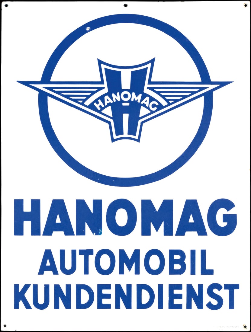 HANOMAG AUTOMOBIL KUNDENDIENST | 31" PORCELAIN SIGN: Porcelain sign ( Enamel sign ), stenciled, GER around 1950, 60 x 80 cm, Emaillierwerk Hannover Mellendorf, rare | We do only sell old original pieces - no reproductions or fakes. We pack in house, mos