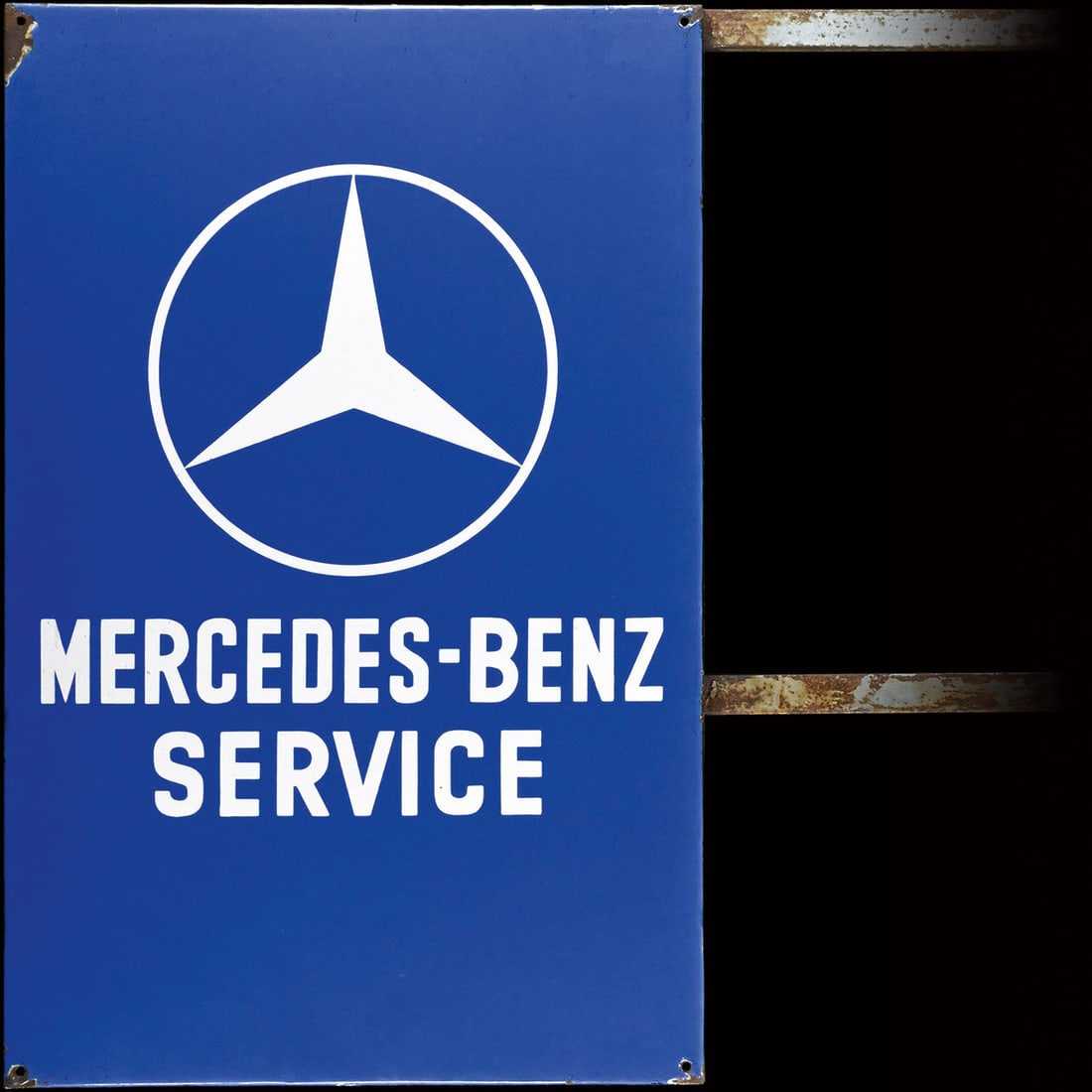 MERCEDES-BENZ SERVICE | 64" PORCELAIN SIGN | DOUBLE SIDED FLANGE: Flange consisting of two enamel signs attached to each other, these stenciled, 1950s, 162 x 97 cm, the signs measure 97 x 63 cm, perfect for any Mercedes collector | *Pickup only, delivery is availabl