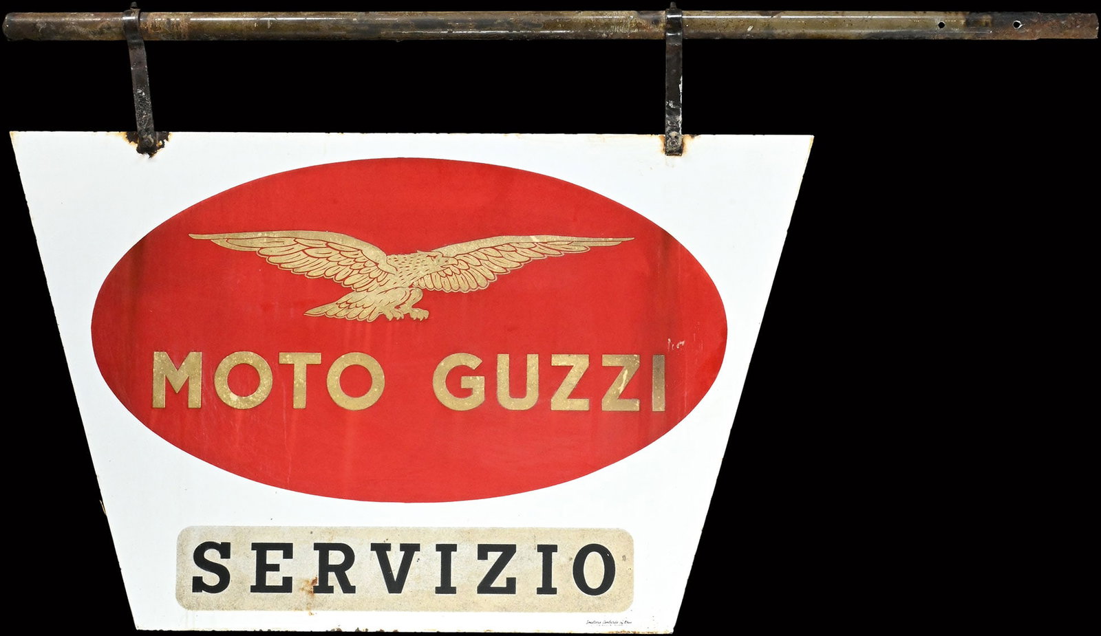 MOTO GUZZI | 54" PORCELAIN SIGN | DOUBLE SIDED FLANGE: Porcelain sign ( Enamel sign ) as double-sided flange, stenciled, with reflecting Perlfix enamelling, still on the original iron bars, IT around 1960, 137 x 77 cm, Smalterie Lombarde, Milano, the sign