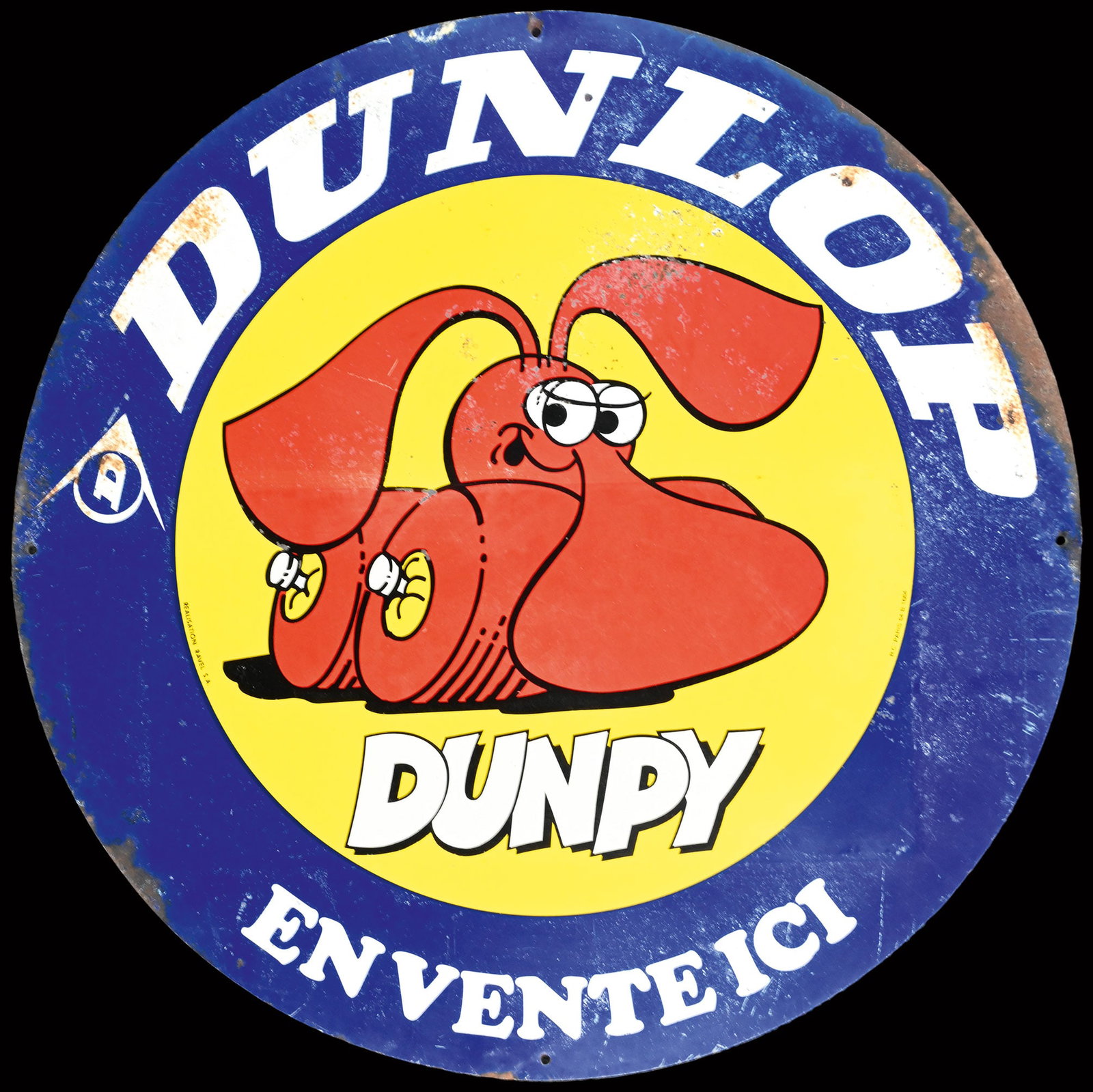 DUNLOP DUNPY | 28" TIN SIGN | DOUBLE SIDED HANGER: Tin sign as double-sided hanger, F around 1970, diam. 70 cm | We do only sell old original pieces - no reproductions or fakes. We pack in house, most items can be shipped overseas. Wooden crates are a