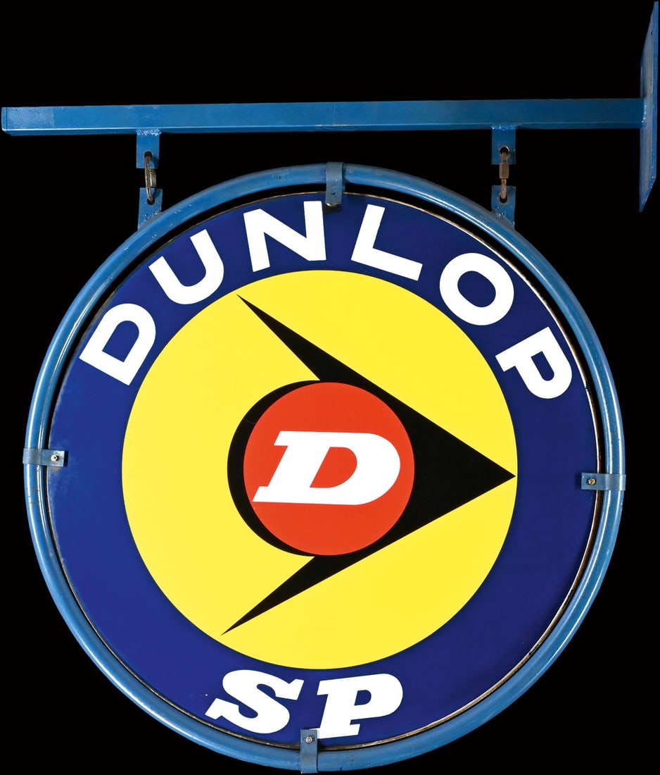 DUNLOP SP | 33" PORCELAIN SIGN | DOUBLE SIDED HANGER | SUPERB CONDITION: Enamel sign in the original frame, double-sided hanger, stenciled, F around 1960, 82 x 84 cm, the sign itself with a diameter of 70 cm | *Bulky-item shipping is available | We do only sell old origina