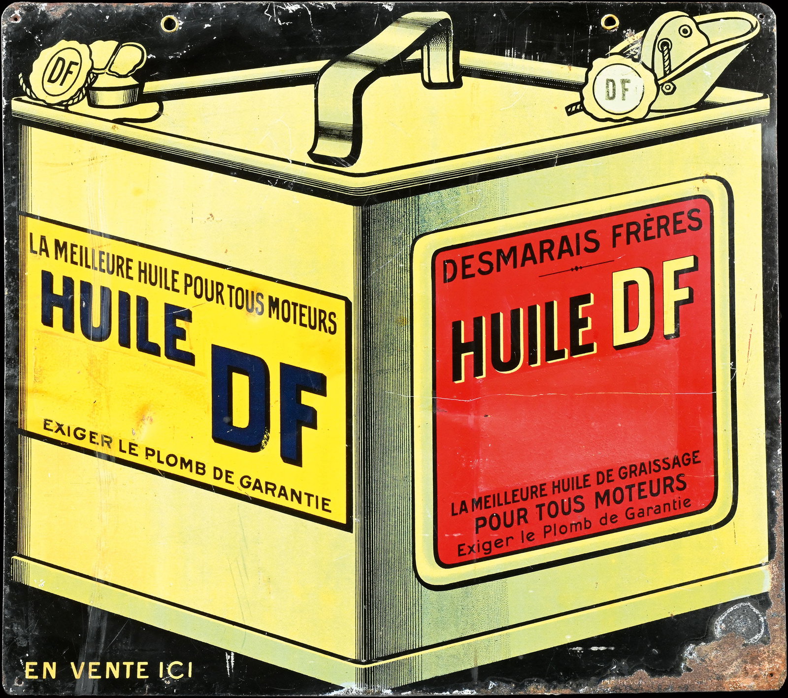 HUILE DF | 18" TIN SIGN | DOUBLE SIDED HANGER: Tin sign as double-sided hanger, lithographed, F around 1930, 45 x 40 cm, rare, the label once repainted to not advertise the old oil type | We do only sell old original pieces - no reproductions or f