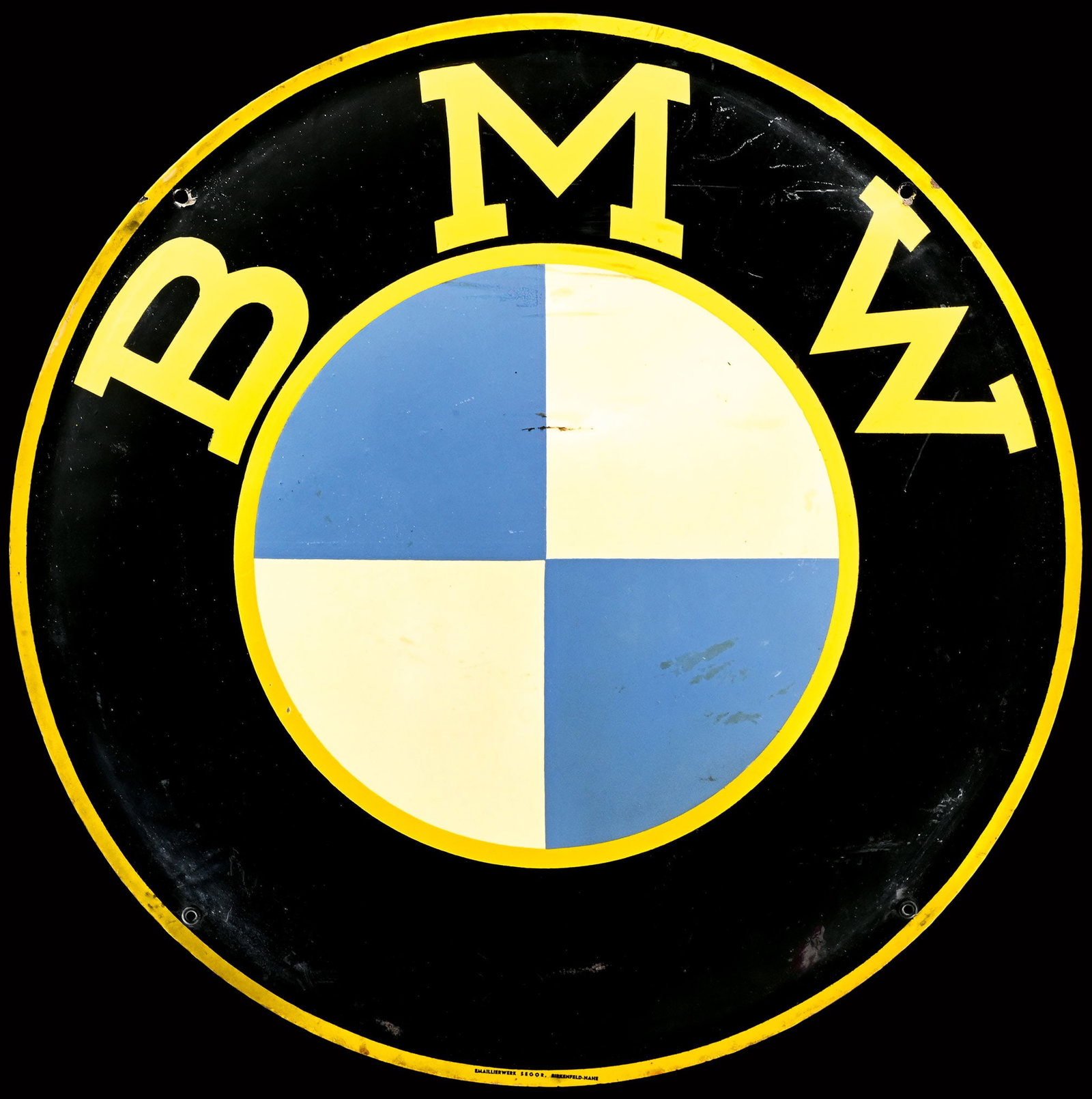 BMW | SUPER RARE 24" TIN SIGN: Tin sign, convex, GER 1930s, diam. 60 cm, Emaillierwerk Segor, Birkenfeld-Nahe, it's rare to find a pre-war BMW button and to top it off, the fact that it's made of tin makes it even rarer - here in u