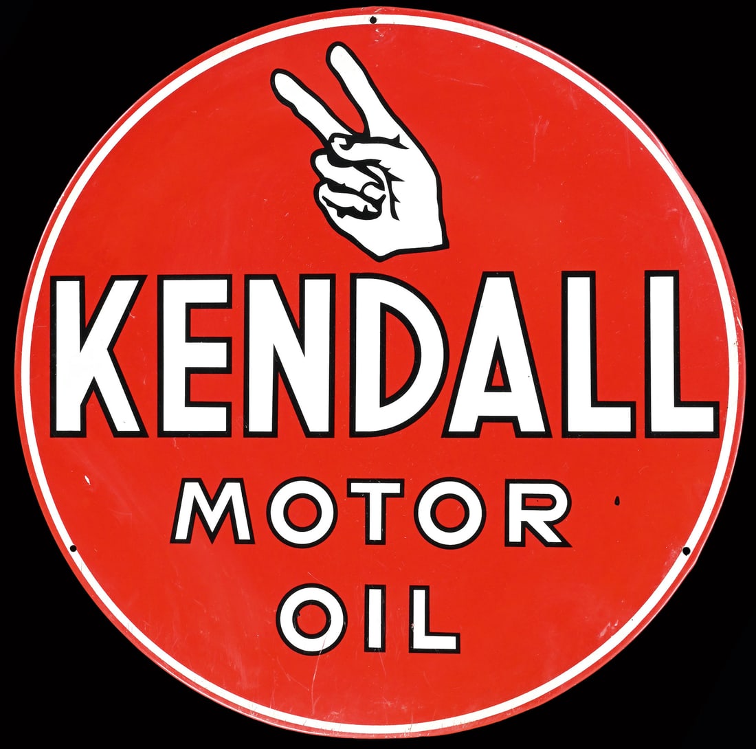 KENDALL MOTOR OIL | 22" TIN SIGN: Tin sign, USA 1950s, diam. 55 cm | We do only sell old original pieces - no reproductions or fakes. We pack in house, most items can be shipped overseas. Wooden crates are available. For further shipp